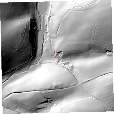 Shaded relief map of the ground around TQ72DR, computed from Environment Agency LiDAR. The ground here sits at about 30 m above sea level and falls 102 m across the surrounding 800 m. Surface water reaching this point runs off ground lying to the north-east, 88.5 m higher.