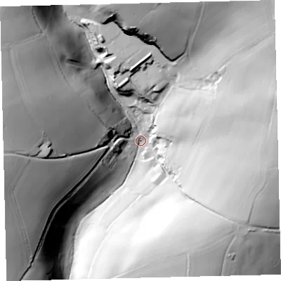 Shaded relief map of the ground around TQ72DT, computed from Environment Agency LiDAR. The ground here sits at about 66 m above sea level and falls 72 m across the surrounding 800 m. Surface water reaching this point runs off ground lying to the north-east, 61.9 m higher.