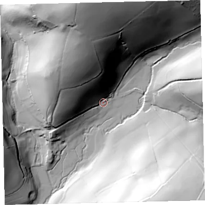 Shaded relief map of the ground around TQ72DW, computed from Environment Agency LiDAR. The ground here sits at about 14 m above sea level and falls 92 m across the surrounding 800 m. Surface water reaching this point runs off ground lying to the north-north-west, 66.8 m higher.