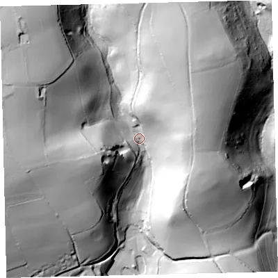Shaded relief map of the ground around TQ72DX, computed from Environment Agency LiDAR. The ground here sits at about 43 m above sea level and falls 87 m across the surrounding 800 m. Surface water reaching this point runs off ground lying to the north-west, 66.3 m higher.