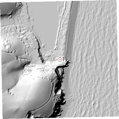 Shaded relief map of the ground around TQ72EA, computed from Environment Agency LiDAR. The ground here sits at about 9 m above sea level and falls 97 m across the surrounding 800 m. Surface water reaching this point runs off ground lying to the south-east, 14.7 m higher.