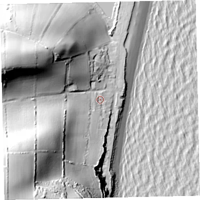 Shaded relief map of the ground around TQ72EH, computed from Environment Agency LiDAR. The ground here sits at about 10 m above sea level and falls 110 m across the surrounding 800 m. Surface water reaching this point runs off ground lying to the south-west, 92.0 m higher.