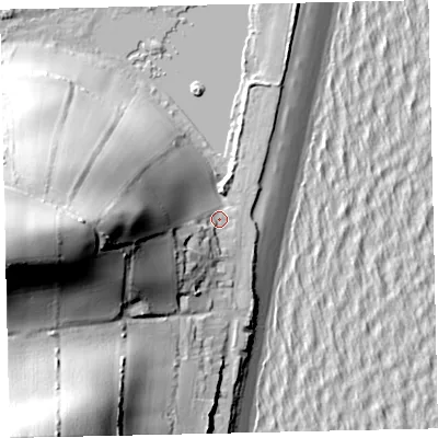 Shaded relief map of the ground around TQ72EJ, computed from Environment Agency LiDAR. The ground here sits at about 6 m above sea level and falls 78 m across the surrounding 800 m. Surface water reaching this point runs off ground lying to the west, 42.8 m higher.