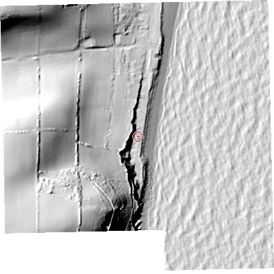 Shaded relief map of the ground around TQ72EN, computed from Environment Agency LiDAR. The ground here sits at about 7 m above sea level and falls 112 m across the surrounding 800 m. Surface water reaching this point runs off ground lying to the south-west, 17.1 m higher.