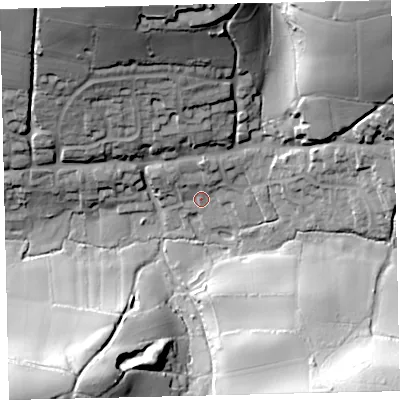 Shaded relief map of the ground around TQ72EZ, computed from Environment Agency LiDAR. The ground here sits at about 27 m above sea level and falls 59 m across the surrounding 800 m. Surface water reaching this point runs off ground lying to the north, 7.4 m higher.