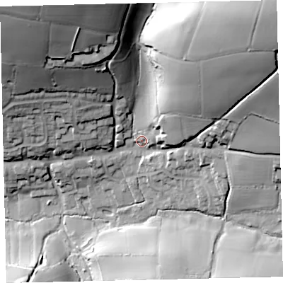 Shaded relief map of the ground around TQ72FE, computed from Environment Agency LiDAR. The ground here sits at about 33 m above sea level and falls 75 m across the surrounding 800 m. Surface water reaching this point runs off ground lying to the north-east, 64.4 m higher.