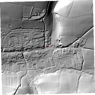 Shaded relief map of the ground around TQ72JR, computed from Environment Agency LiDAR. The ground here sits at about 30 m above sea level and falls 71 m across the surrounding 800 m. Surface water reaching this point runs off ground lying to the north-east, 60.3 m higher.