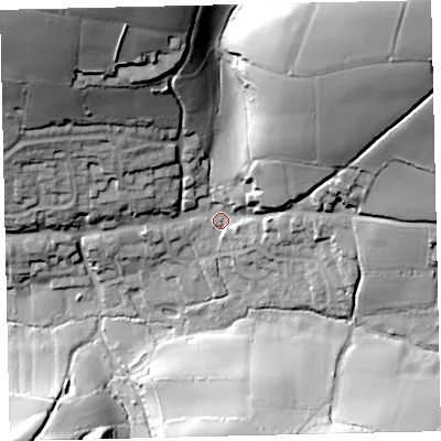 Shaded relief map of the ground around TQ72JZ, computed from Environment Agency LiDAR. The ground here sits at about 30 m above sea level and falls 73 m across the surrounding 800 m. Surface water reaching this point runs off ground lying to the north-east, 63.1 m higher.