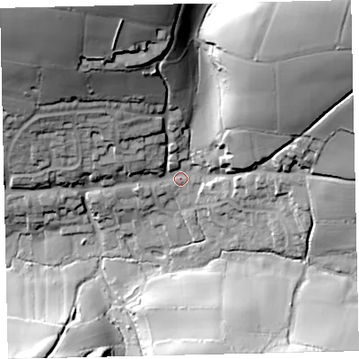 Shaded relief map of the ground around TQ72LA, computed from Environment Agency LiDAR. The ground here sits at about 30 m above sea level and falls 71 m across the surrounding 800 m. Surface water reaching this point runs off ground lying to the north-east, 60.2 m higher.