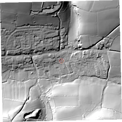 Shaded relief map of the ground around TQ72LB, computed from Environment Agency LiDAR. The ground here sits at about 28 m above sea level and falls 66 m across the surrounding 800 m. Surface water reaching this point runs off ground lying to the north-east, 57.0 m higher.