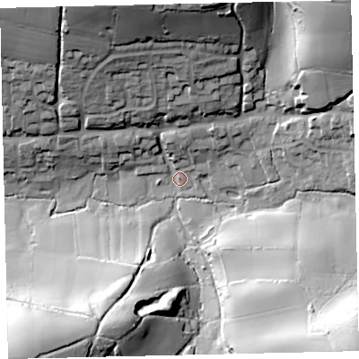 Shaded relief map of the ground around TQ72LG, computed from Environment Agency LiDAR. The ground here sits at about 24 m above sea level and falls 61 m across the surrounding 800 m. Surface water reaching this point runs off ground lying to the north-north-west, 39.7 m higher.