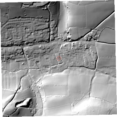 Shaded relief map of the ground around TQ72NA, computed from Environment Agency LiDAR. The ground here sits at about 28 m above sea level and falls 63 m across the surrounding 800 m. Surface water reaching this point runs off ground lying to the north-east, 3.8 m higher.