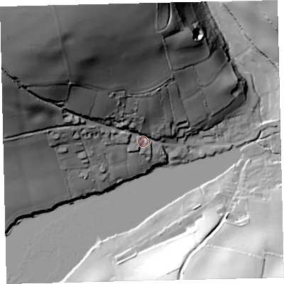 Shaded relief map of the ground around TQ72NR, computed from Environment Agency LiDAR. The ground here sits at about 14 m above sea level and falls 92 m across the surrounding 800 m. Surface water reaching this point runs off ground lying to the north-west, 82.2 m higher.