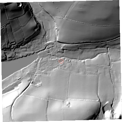 Shaded relief map of the ground around TQ72NZ, computed from Environment Agency LiDAR. The ground here sits at about 6 m above sea level and falls 63 m across the surrounding 800 m. Surface water reaching this point runs off ground lying to the south, 61.7 m higher.