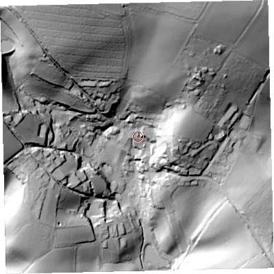 Shaded relief map of the ground around TQ72PN, computed from Environment Agency LiDAR. The ground here sits at about 27 m above sea level and falls 86 m across the surrounding 800 m. Surface water reaching this point runs off ground lying to the north-north-east, 59.7 m higher.