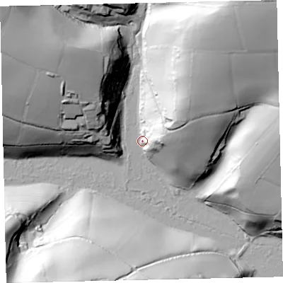 Shaded relief map of the ground around TQ72QD, computed from Environment Agency LiDAR. The ground here sits at about 8 m above sea level and falls 71 m across the surrounding 800 m. Surface water reaching this point runs off ground lying to the east-north-east, 31.8 m higher.