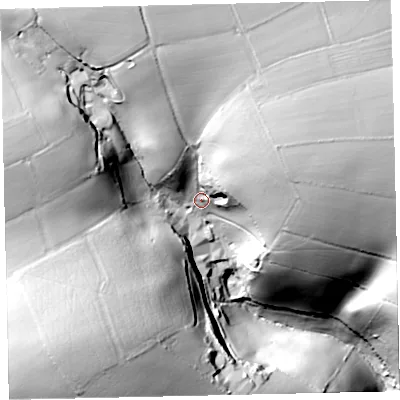 Shaded relief map of the ground around TQ72QE, computed from Environment Agency LiDAR. The ground here sits at about 90 m above sea level and falls 90 m across the surrounding 800 m. Surface water reaching this point runs off ground lying to the north, 45.3 m higher.