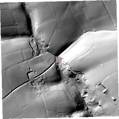 Shaded relief map of the ground around TQ72QG, computed from Environment Agency LiDAR. The ground here sits at about 93 m above sea level and falls 63 m across the surrounding 800 m. Surface water reaching this point runs off ground lying to the north-east, 43.4 m higher.