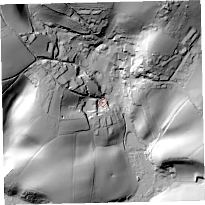 Shaded relief map of the ground around TQ72QT, computed from Environment Agency LiDAR. The ground here sits at about 15 m above sea level and falls 68 m across the surrounding 800 m. Surface water reaching this point runs off ground lying to the west-north-west, 35.2 m higher.