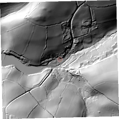 Shaded relief map of the ground around TQ72RL, computed from Environment Agency LiDAR. The ground here sits at about 3 m above sea level and falls 64 m across the surrounding 800 m. Surface water reaching this point runs off ground lying to the north-north-west, 46.1 m higher.