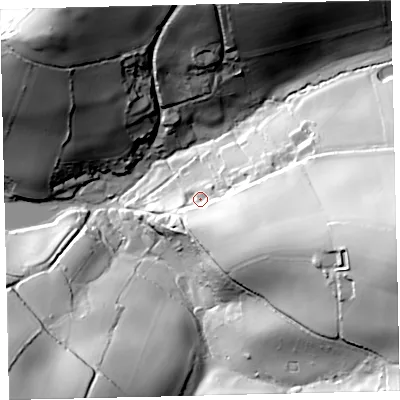 Shaded relief map of the ground around TQ72RP, computed from Environment Agency LiDAR. The ground here sits at about 18 m above sea level and falls 73 m across the surrounding 800 m. Surface water reaching this point runs off ground lying to the south-east, 37.4 m higher.