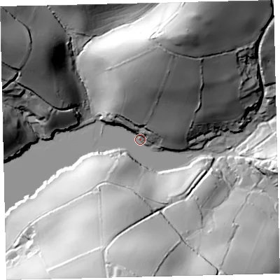 Shaded relief map of the ground around TQ72RS, computed from Environment Agency LiDAR. The ground here sits at about 4 m above sea level and falls 64 m across the surrounding 800 m. Surface water reaching this point runs off ground lying to the south, 64.3 m higher.