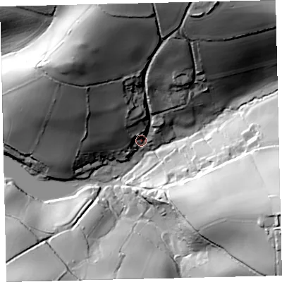 Shaded relief map of the ground around TQ72RW, computed from Environment Agency LiDAR. The ground here sits at about 9 m above sea level and falls 69 m across the surrounding 800 m. Surface water reaching this point runs off ground lying to the north, 65.6 m higher.