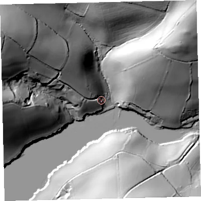 Shaded relief map of the ground around TQ72RZ, computed from Environment Agency LiDAR. The ground here sits at about 10 m above sea level and falls 80 m across the surrounding 800 m. Surface water reaching this point runs off ground lying to the north-west, 41.2 m higher.