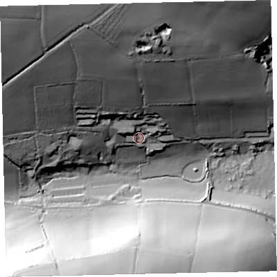 Shaded relief map of the ground around TQ72SE, computed from Environment Agency LiDAR. The ground here sits at about 18 m above sea level and falls 86 m across the surrounding 800 m. Surface water reaching this point runs off ground lying to the north-north-west, 67.6 m higher.