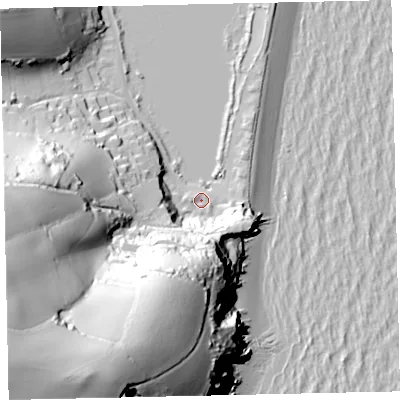 Shaded relief map of the ground around TQ72TG, computed from Environment Agency LiDAR. The ground here sits at about 4 m above sea level and falls 100 m across the surrounding 800 m. Surface water reaching this point runs off ground lying to the south-south-west, 72.5 m higher.