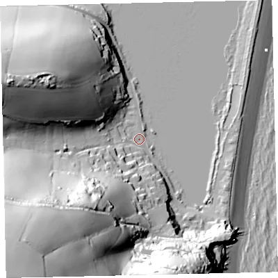 Shaded relief map of the ground around TQ72TJ, computed from Environment Agency LiDAR. The ground here sits at about 4 m above sea level and falls 105 m across the surrounding 800 m. Surface water reaching this point runs off ground lying to the south-west, 99.4 m higher.