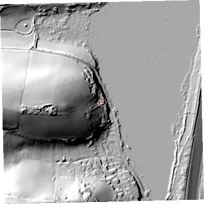 Shaded relief map of the ground around TQ72TL, computed from Environment Agency LiDAR. The ground here sits at about 13 m above sea level and falls 85 m across the surrounding 800 m. Surface water reaching this point runs off ground lying to the west, 45.8 m higher.