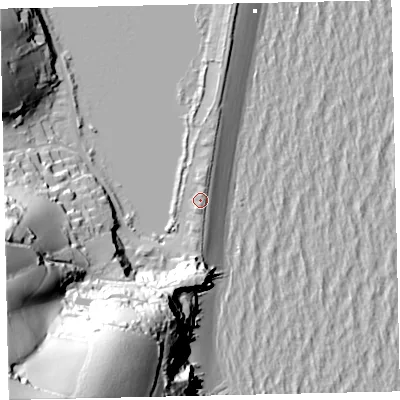 Shaded relief map of the ground around TQ72TQ, computed from Environment Agency LiDAR. The ground here sits at about 5 m above sea level and falls 91 m across the surrounding 800 m. Surface water reaching this point runs off ground lying to the south, 2.7 m higher.