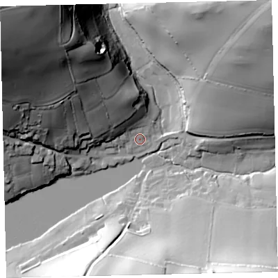 Shaded relief map of the ground around TQ72UT, computed from Environment Agency LiDAR. The ground here sits at about 5 m above sea level and falls 84 m across the surrounding 800 m. Surface water reaching this point runs off ground lying to the north-west, 21.6 m higher.