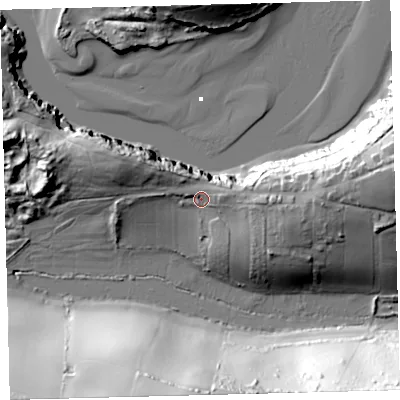 Shaded relief map of the ground around TQ73AN, computed from Environment Agency LiDAR. The ground here sits at about 15 m above sea level and falls 58 m across the surrounding 800 m. Surface water reaching this point runs off ground lying to the east, 6.1 m higher.