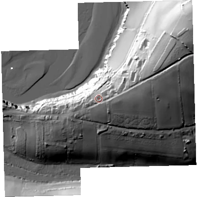 Shaded relief map of the ground around TQ73AP, computed from Environment Agency LiDAR. The ground here sits at about 32 m above sea level and falls 86 m across the surrounding 800 m. Surface water reaching this point runs off ground lying to the east, 12.1 m higher.