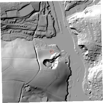 Shaded relief map of the ground around TQ73AY, computed from Environment Agency LiDAR. The ground here sits at about 4 m above sea level and falls 60 m across the surrounding 800 m. Surface water reaching this point runs off ground lying to the south-west, 25.1 m higher.