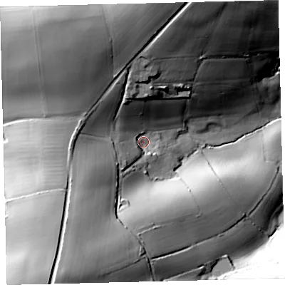 Shaded relief map of the ground around TQ73BQ, computed from Environment Agency LiDAR. The ground here sits at about 47 m above sea level and falls 62 m across the surrounding 800 m. Surface water reaching this point runs off ground lying to the south-west, 42.6 m higher.