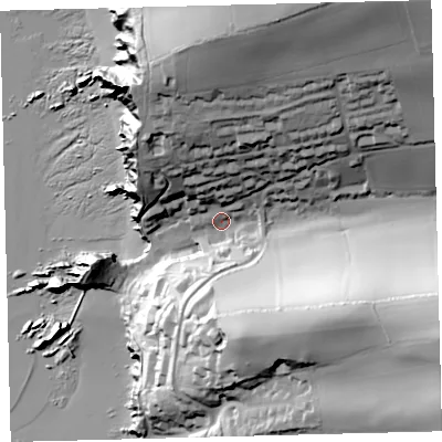 Shaded relief map of the ground around TQ73HG, computed from Environment Agency LiDAR. The ground here sits at about 15 m above sea level and falls 78 m across the surrounding 800 m. Surface water reaching this point runs off ground lying to the east-south-east, 62.5 m higher.