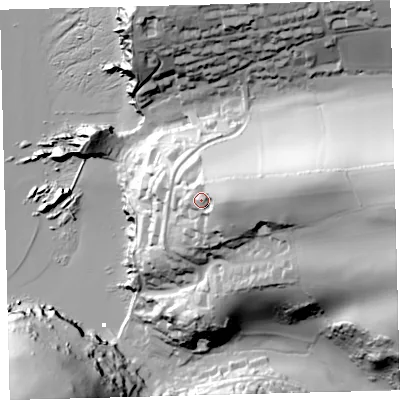 Shaded relief map of the ground around TQ73HH, computed from Environment Agency LiDAR. The ground here sits at about 52 m above sea level and falls 76 m across the surrounding 800 m. Surface water reaching this point runs off ground lying to the east, 12.8 m higher.