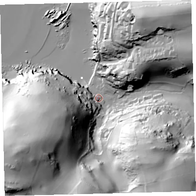 Shaded relief map of the ground around TQ73HP, computed from Environment Agency LiDAR. The ground here sits at about 8 m above sea level and falls 85 m across the surrounding 800 m. Surface water reaching this point runs off ground lying to the south-west, 77.1 m higher.