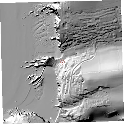 Shaded relief map of the ground around TQ73HQ, computed from Environment Agency LiDAR. The ground here sits at about 9 m above sea level and falls 71 m across the surrounding 800 m. Surface water reaching this point runs off ground lying to the east-south-east, 61.8 m higher.