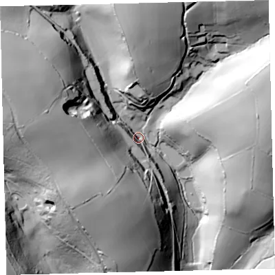 Shaded relief map of the ground around TQ74AB, computed from Environment Agency LiDAR. The ground here sits at about 38 m above sea level and falls 80 m across the surrounding 800 m. Surface water reaching this point runs off ground lying to the west, 70.2 m higher.