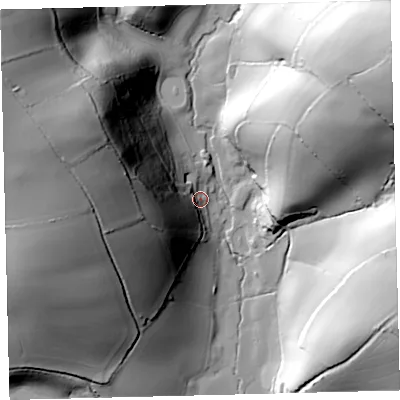 Shaded relief map of the ground around TQ74AH, computed from Environment Agency LiDAR. The ground here sits at about 11 m above sea level and falls 86 m across the surrounding 800 m. Surface water reaching this point runs off ground lying to the west-north-west, 66.5 m higher.