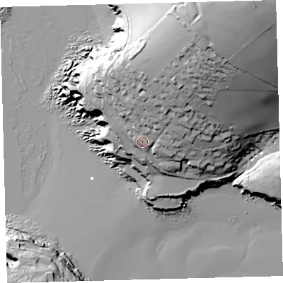 Shaded relief map of the ground around TQ74AS, computed from Environment Agency LiDAR. The ground here sits at about 28 m above sea level and falls 99 m across the surrounding 800 m. Surface water reaching this point runs off ground lying to the north-north-east, 43.9 m higher.