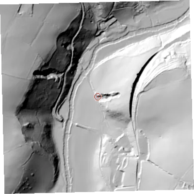 Shaded relief map of the ground around TQ74DB, computed from Environment Agency LiDAR. The ground here sits at about 15 m above sea level and falls 103 m across the surrounding 800 m. Surface water reaching this point runs off ground lying to the east, 42.7 m higher.