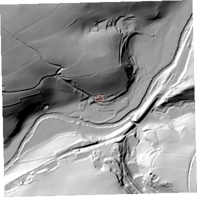Shaded relief map of the ground around TQ74DD, computed from Environment Agency LiDAR. The ground here sits at about 22 m above sea level and falls 86 m across the surrounding 800 m. Surface water reaching this point runs off ground lying to the north, 43.6 m higher.