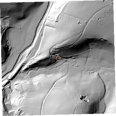 Shaded relief map of the ground around TQ74DF, computed from Environment Agency LiDAR. The ground here sits at about 25 m above sea level and falls 83 m across the surrounding 800 m. Surface water reaching this point runs off ground lying to the north-east, 55.0 m higher.