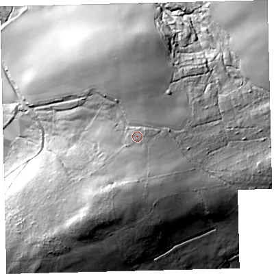Shaded relief map of the ground around TQ74DN, computed from Environment Agency LiDAR. The ground here sits at about 134 m above sea level and falls 90 m across the surrounding 800 m. Surface water reaching this point runs off ground lying to the south-south-east, 16.7 m higher.