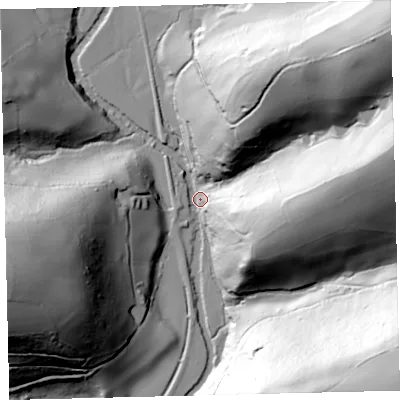 Shaded relief map of the ground around TQ74DR, computed from Environment Agency LiDAR. The ground here sits at about 28 m above sea level and falls 97 m across the surrounding 800 m. Surface water reaching this point runs off ground lying to the west-south-west, 83.0 m higher.